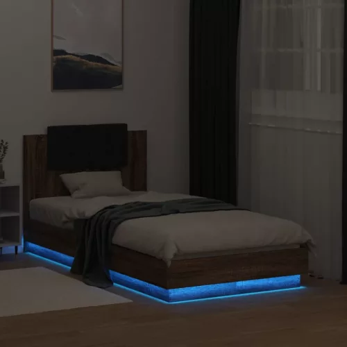 barna tölgy színű ágykeret fejtámlával és LED-ekkel 75 x 190 cm
