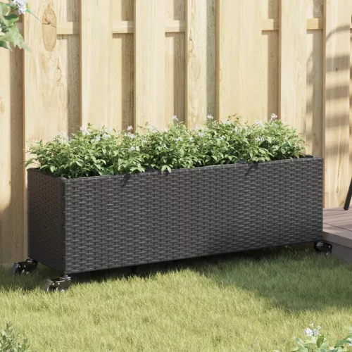2 db fekete polyrattan növénytartó kerékkel 107x32x38 cm