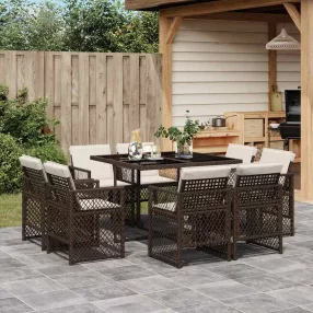   9 részes barna polyrattan kerti étkezőgarnitúra párnákkal