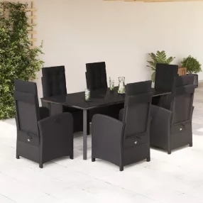   7 részes fekete polyrattan kerti étkezőgarnitúra párnával