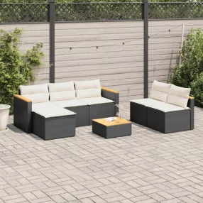   5 részes fekete polyrattan akácfa kerti kanapészett párnákkal