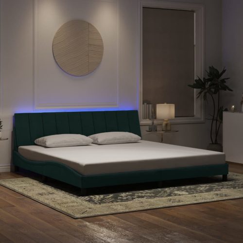 sötétzöld bársony ágykeret LED-világítással 200 x 200 cm