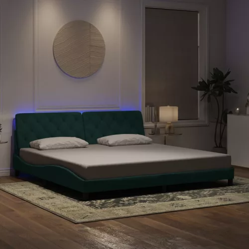 sötétzöld bársony ágykeret LED-világítással 200 x 200 cm