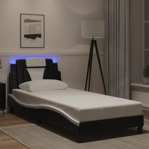fekete és fehér ágykeret Viana LED-ekkel matrac nélkül 80 x 200 cm