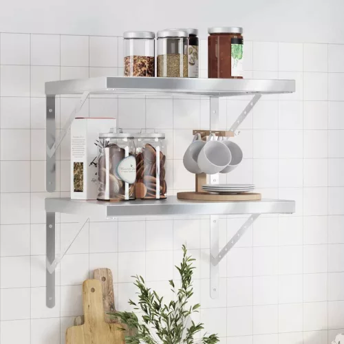 2 db ezüstszínű rozsdamentes acél fali polc 50 x 40 cm