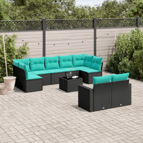 10 részes fekete polyrattan kerti ülőgarnitúra párnával
