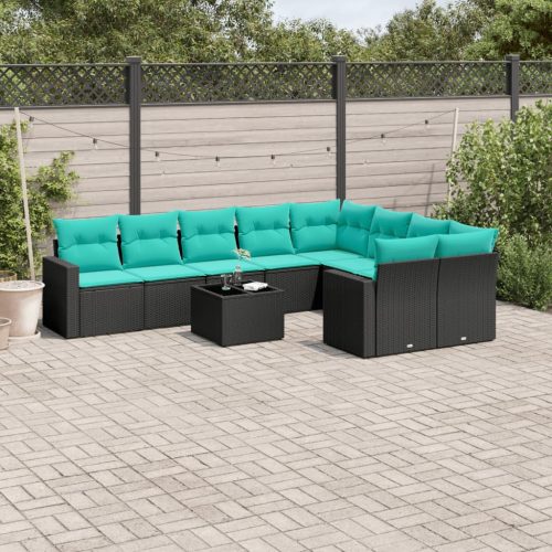 10 részes fekete polyrattan kerti ülőgarnitúra párnával