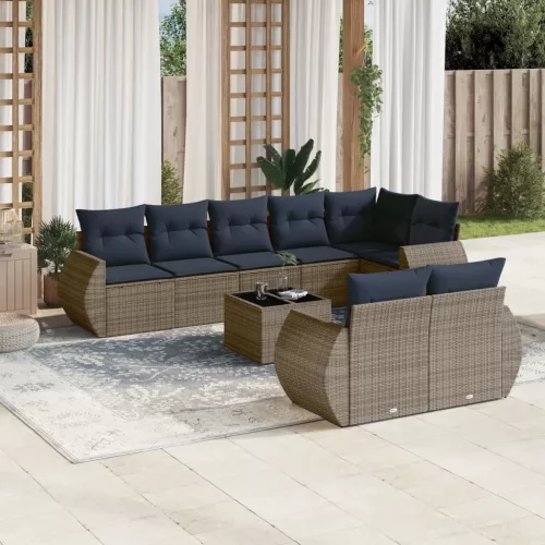 9 db szürke polyrattan kerti kanapégarnitúra párnákkal