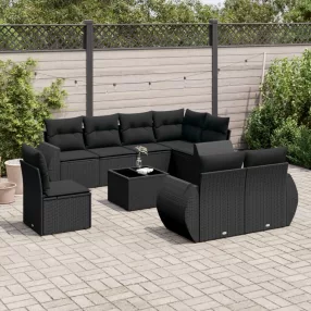   9 részes fekete polyrattan kerti ülőgarnitúra párnákkal