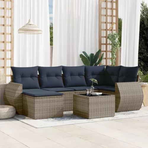 7 db szürke polyrattan kerti kanapégarnitúra párnákkal