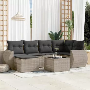   7 részes világosszürke polyrattan kerti ülőgarnitúra párnákkal