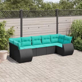 7 db fekete polyrattan kerti kanapégarnitúra párnákkal