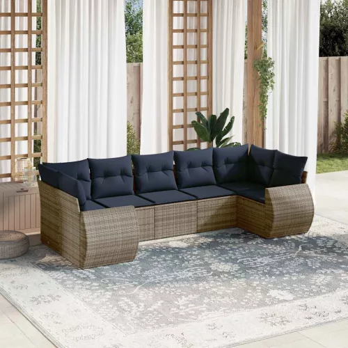 7 db szürke polyrattan kerti kanapégarnitúra párnákkal