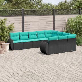 10 db fekete polyrattan kerti kanapégarnitúra párnákkal