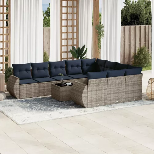 11 db szürke polyrattan kerti kanapégarnitúra párnákkal
