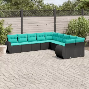 10 db fekete polyrattan kerti kanapégarnitúra párnákkal