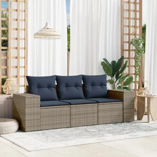 3 db szürke polyrattan kerti kanapégarnitúra párnákkal