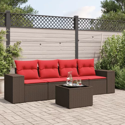 5 db barna polyrattan kerti kanapégarnitúra párnákkal