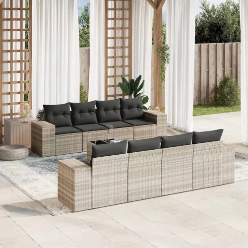 9 részes világosszürke polyrattan kerti ülőgarnitúra párnával