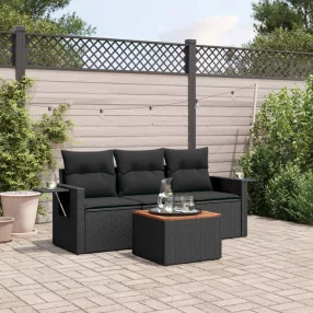   4 részes fekete polyrattan kerti ülőgarnitúra párnákkal