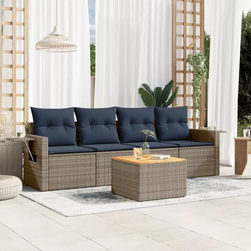5 db szürke polyrattan kerti kanapégarnitúra párnákkal