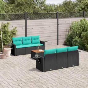 7 db fekete polyrattan kerti kanapégarnitúra párnákkal