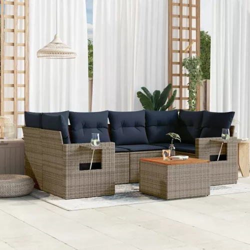 7 db szürke polyrattan kerti kanapégarnitúra párnákkal
