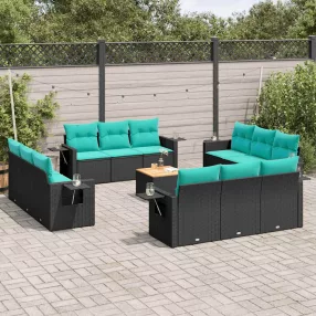 13 db fekete polyrattan kerti kanapégarnitúra párnákkal
