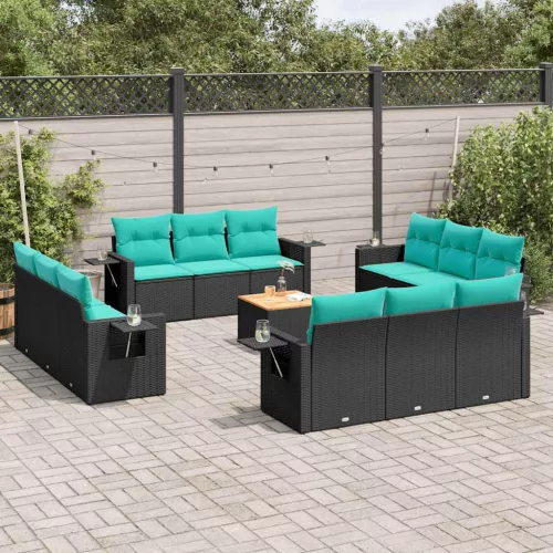 13 db fekete polyrattan kerti kanapégarnitúra párnákkal