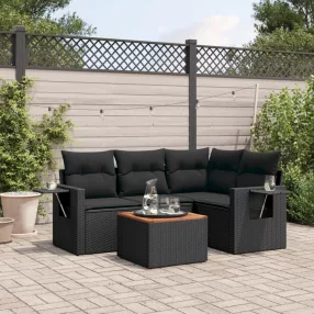 5 részes fekete polyrattan kerti kanapészett párnákkal