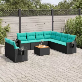 10 db fekete polyrattan kerti kanapégarnitúra párnákkal
