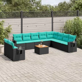 11 db fekete polyrattan kerti kanapégarnitúra párnákkal