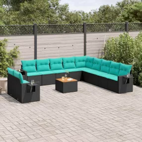 12 db fekete polyrattan kerti kanapégarnitúra párnákkal