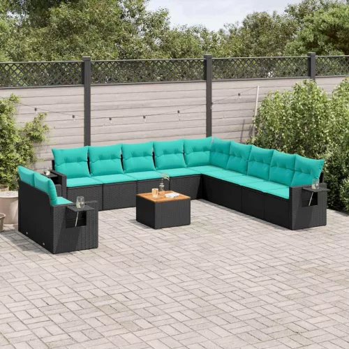 12 db fekete polyrattan kerti kanapégarnitúra párnákkal