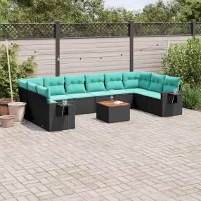 11 db fekete polyrattan kerti kanapégarnitúra párnákkal