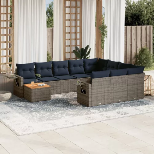 11 db szürke polyrattan kerti kanapégarnitúra párnákkal