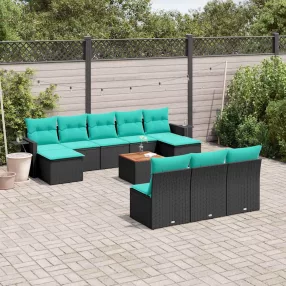 11 db fekete polyrattan kerti kanapégarnitúra párnákkal