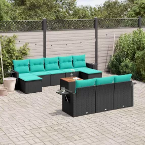 11 db fekete polyrattan kerti kanapégarnitúra párnákkal