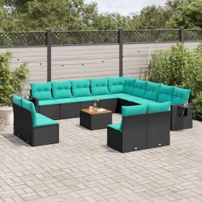 14 db fekete polyrattan kerti kanapégarnitúra párnákkal