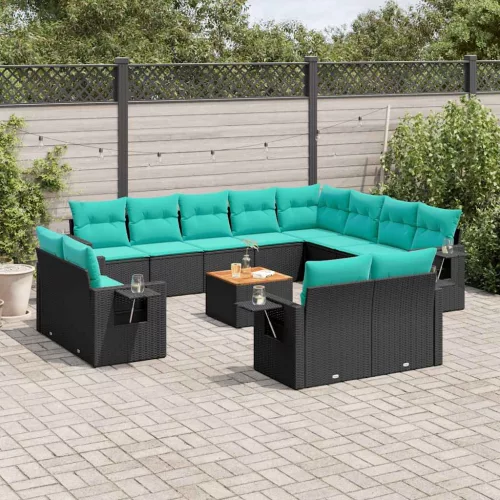 13 db fekete polyrattan kerti kanapégarnitúra párnákkal