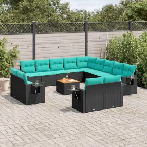 14 db fekete polyrattan kerti kanapégarnitúra párnákkal