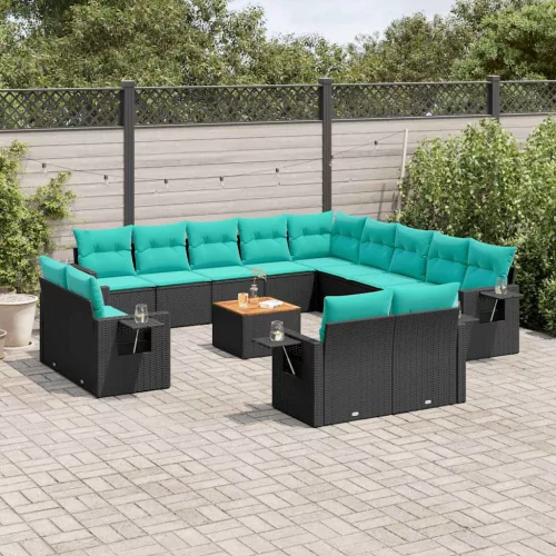 14 db fekete polyrattan kerti kanapégarnitúra párnákkal