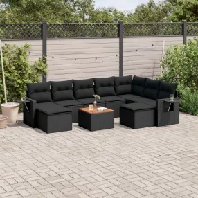   10 részes fekete polyrattan kerti ülőgarnitúra párnákkal