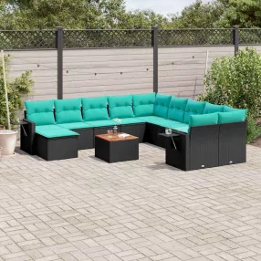 12 db fekete polyrattan kerti kanapégarnitúra párnákkal