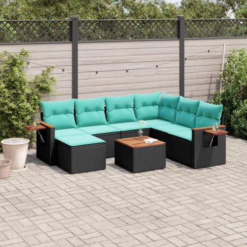 8 részes fekete polyrattan kerti ülőgarnitúra párnával