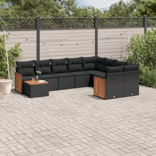  10 részes fekete polyrattan kerti ülőgarnitúra párnákkal