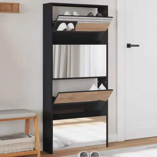 fekete 4 szintes cipőszekrény tükörrel 63 x 17 x 134 cm