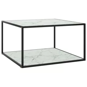   fekete dohányzóasztal fehér márvány mintás üveggel 90x90x50 cm