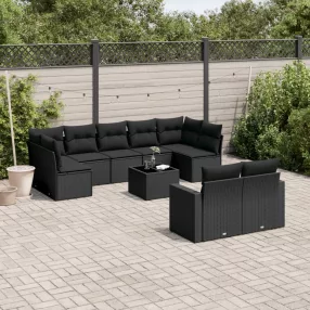   10 részes fekete polyrattan kerti ülőgarnitúra párnákkal