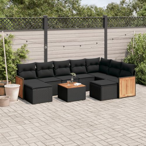  10 részes fekete polyrattan kerti ülőgarnitúra párnákkal